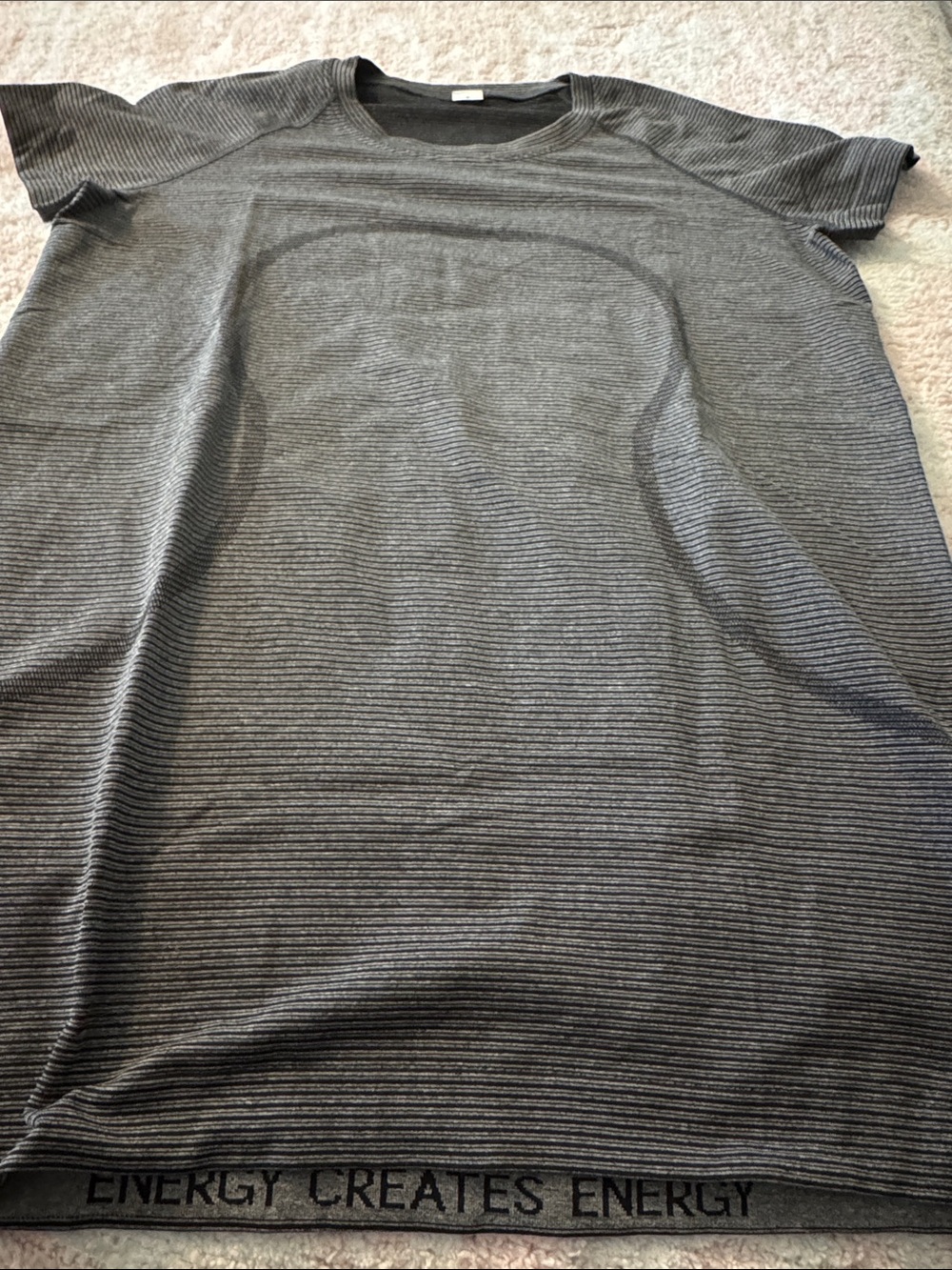 Lulu lemon 🍋 Striped Gray swiftly T-Shirt with 'ENERGY CREATES ENERGY' Hem